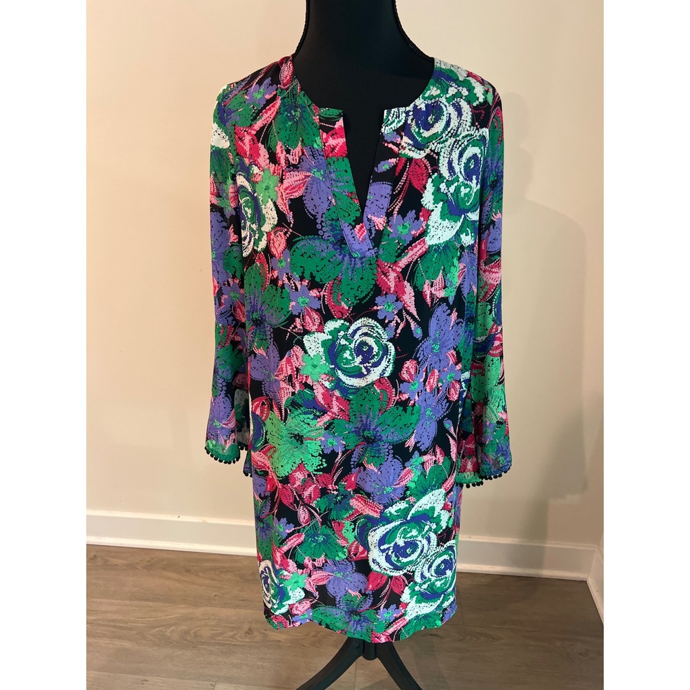 Jade Melody Tam Floral Bell Sleeve Pom Pom Trim Shift Dress Green Purple XS NEW